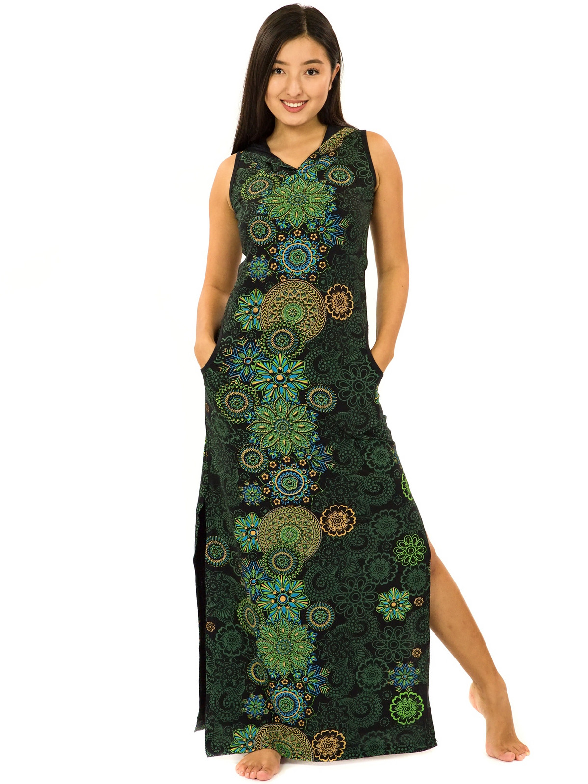 Himalife Dlouhé šaty s kapucí Sharma - černá se zelenou Velikost: L