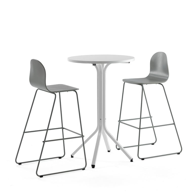 Sestava VARIOUS + GANDER, stůl Ø700x1050 mm, bílá + 2 barové židle, zelenošedá