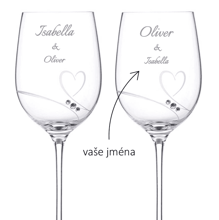 Dekorant svatby Sklenice na víno SE JMÉNY s kamínky Swarovski Romance