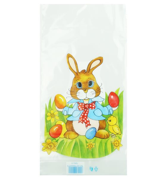 Velikonoční sáček 20 × 40 cm čirý - Zajíc s mašlí