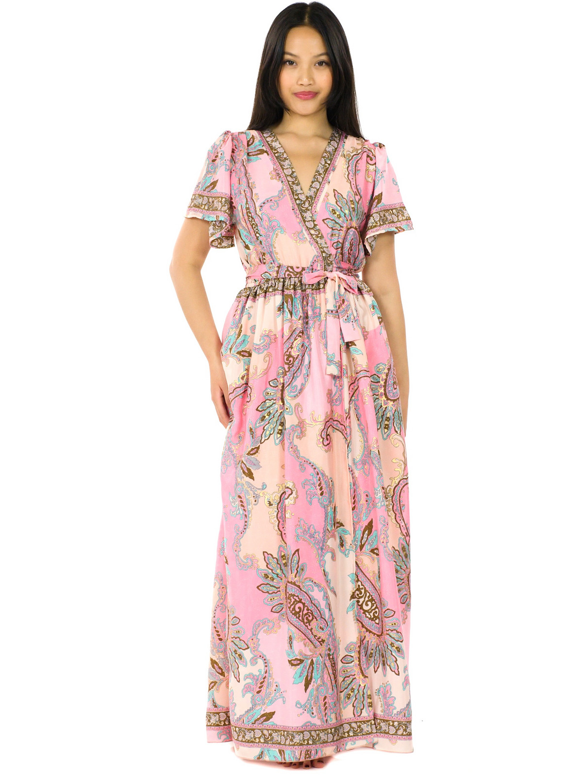 Himalife Dlouhé zavinovací šaty Paisley - světle růžová se zlatou Velikost: XXL/3XL