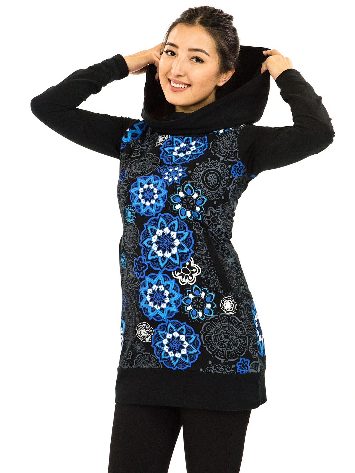 Himalife Mikina s maxi kapucí Lula - černá s modrou Velikost: XXL