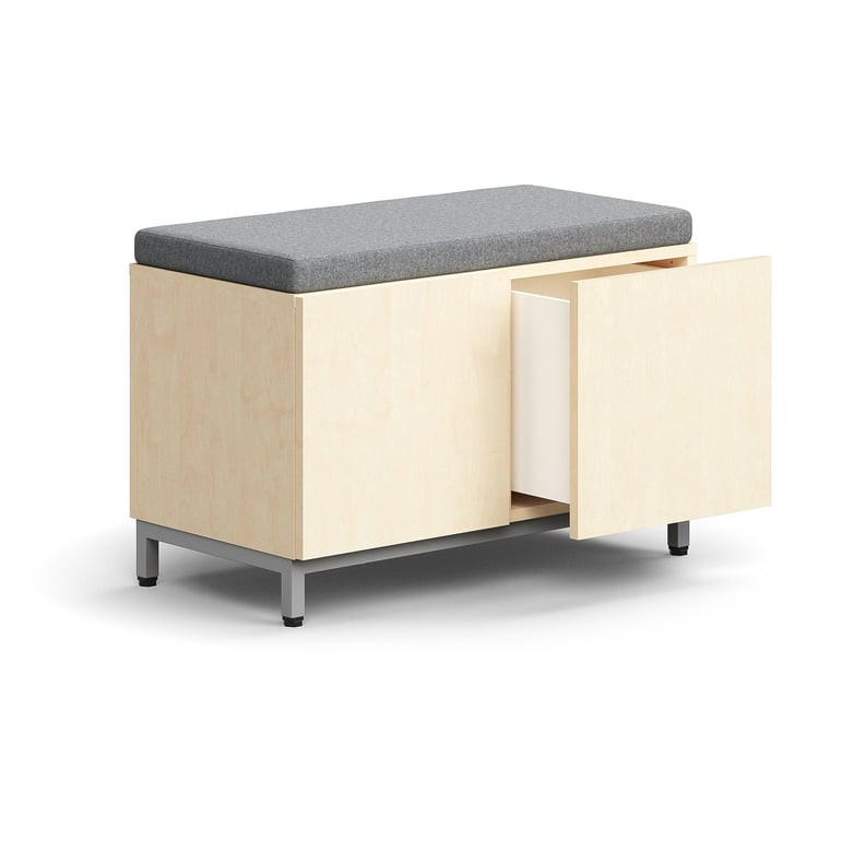 Lavice s úložným prostorem QBUS, šedý podsedák, 2 zásuvky, nohy, bezúchytkové otevírání, 534x800x420