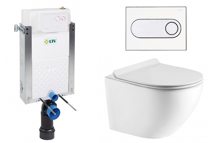 Liv-Fluidmaster Wc set Ring Wall podmítková nádrž do zdiva, rimless mísa, sedátko a bílé/chrom tlačítko 223125 - SET(669931,  OLKLT046E, 223125)