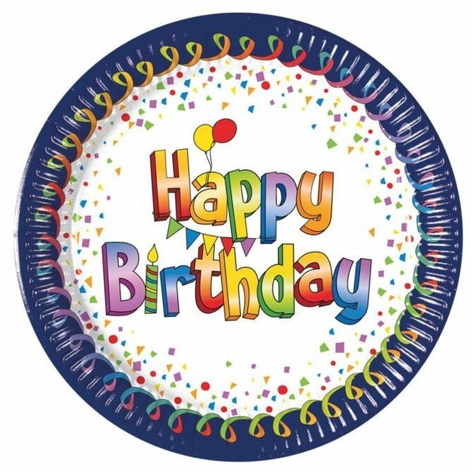 Talířky Happy Birthday modrý okraj 20 cm 8 ks