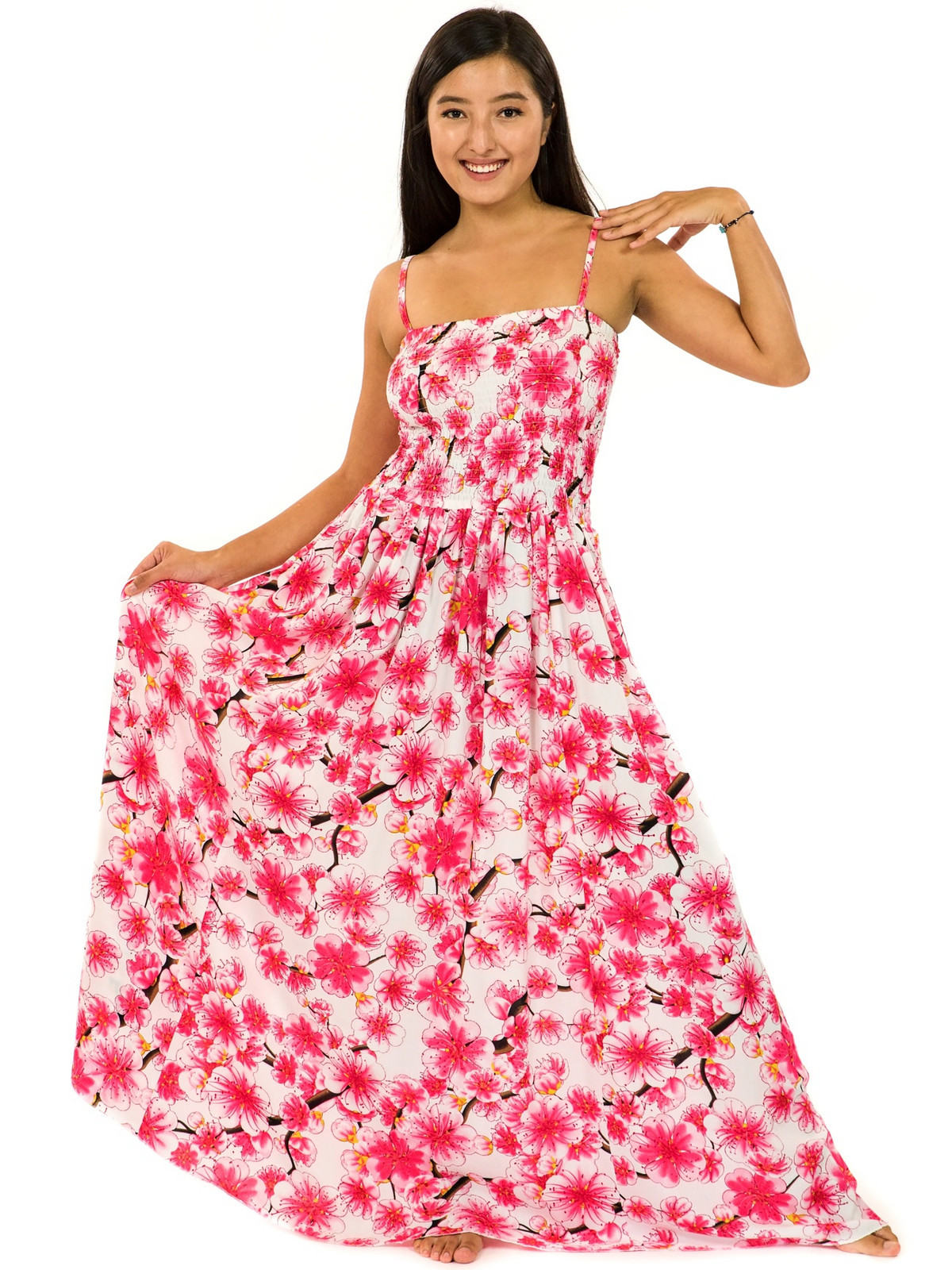 Himalife Dlouhé šaty s kapsami  Sakura - bílá s růžovou Velikost: L/XL