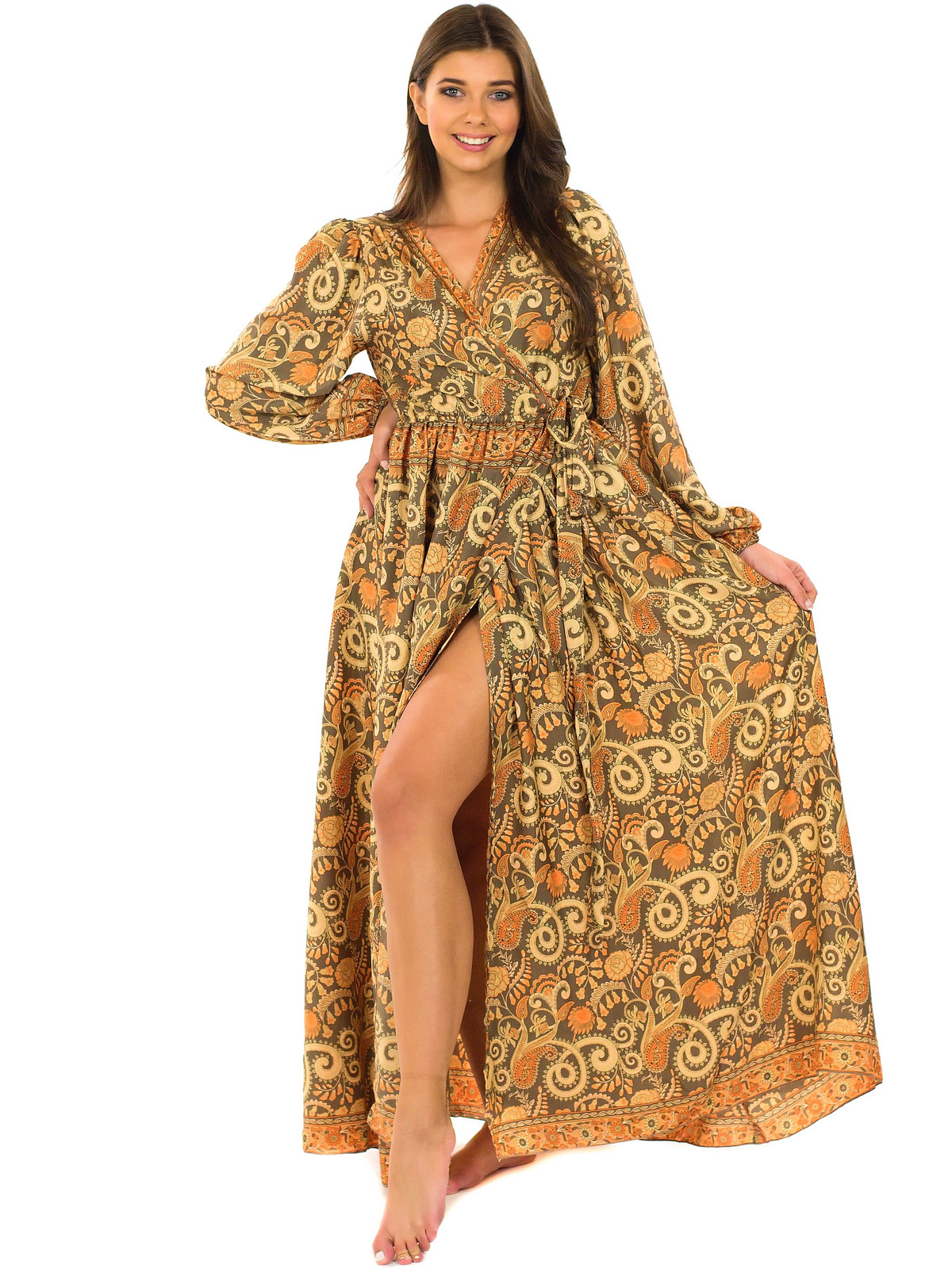 Himalife Zavinovací šaty s dlouhým rukávem Paisley - béžová s oranžovou Velikost: S/M