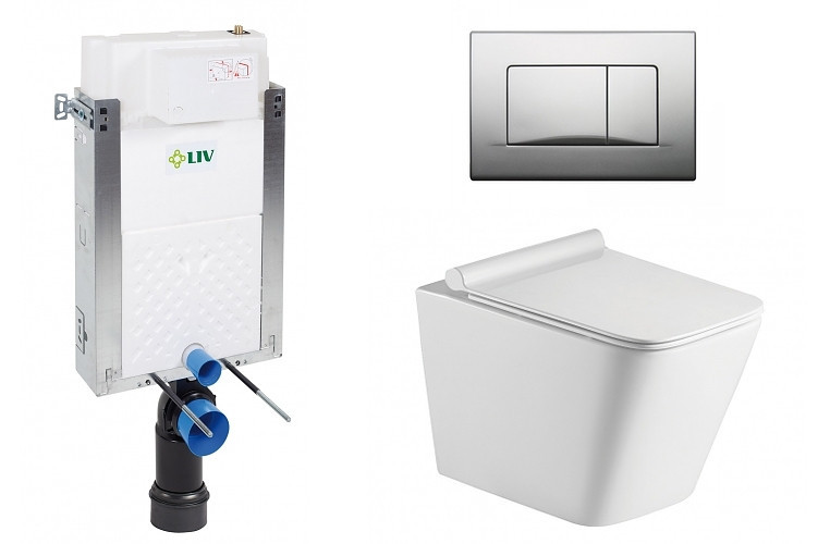 Liv-Fluidmaster Wc set Square Wall podmítková nádrž do zdiva, rimless mísa, sedátko a tlačítko matný chrom 195866 - SET(669931, OLKLT052E, 195866)