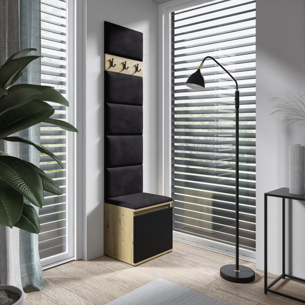 Eka Předsíňová stěna s čalouněnými panely Trinity 7 - Dub Artisan s černou / Černá 2316