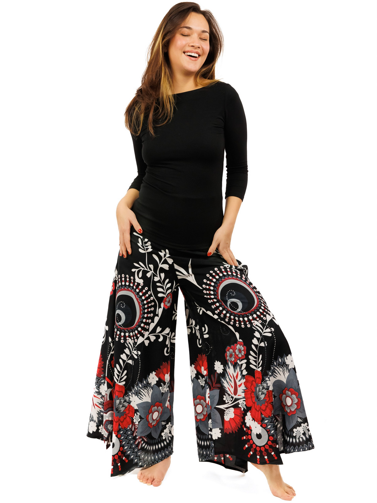 Himalife Široké kalhoty Tika - černé s červenou Velikost: S/M