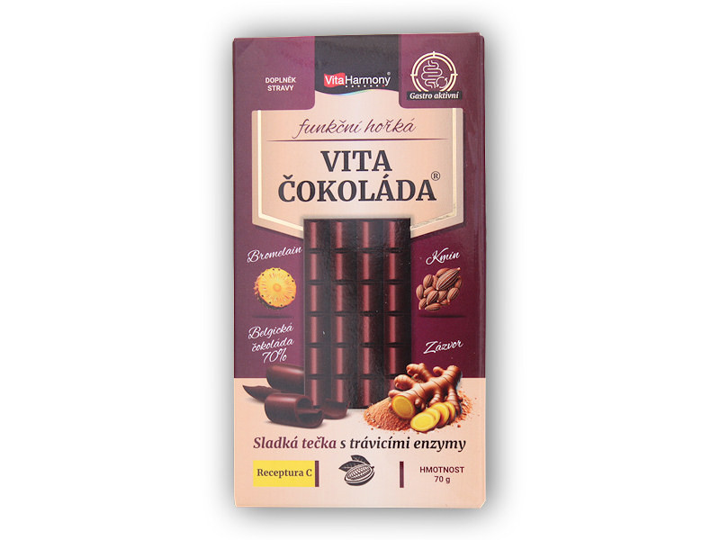 VitaHarmony VitaČokoláda funkční hořká 70g receptura C - bromelain kmín zázvor