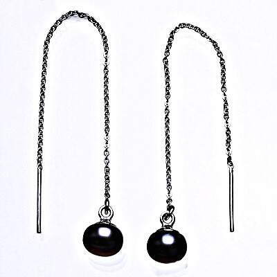 Stříbrné řetízkové protahovací náušnice s přírodní černou perlou 8 mm, NŘ perla