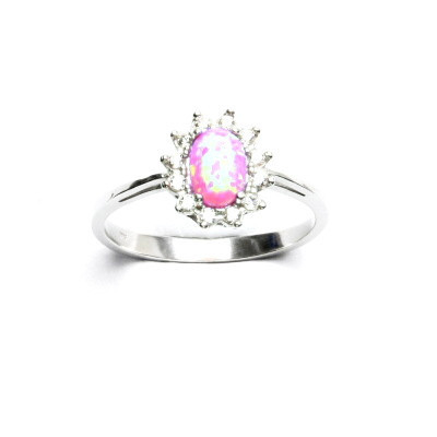 Stříbrný prsten Kate, růžový syntetický opál, čiré zirkony, T 1480