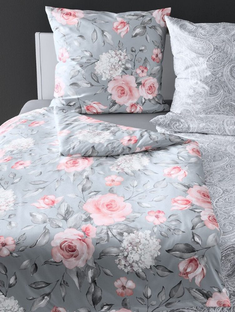 Bierbaum povlečení bavlněný satén 3676 Grey Roses - 140x200 / 70x90 cm