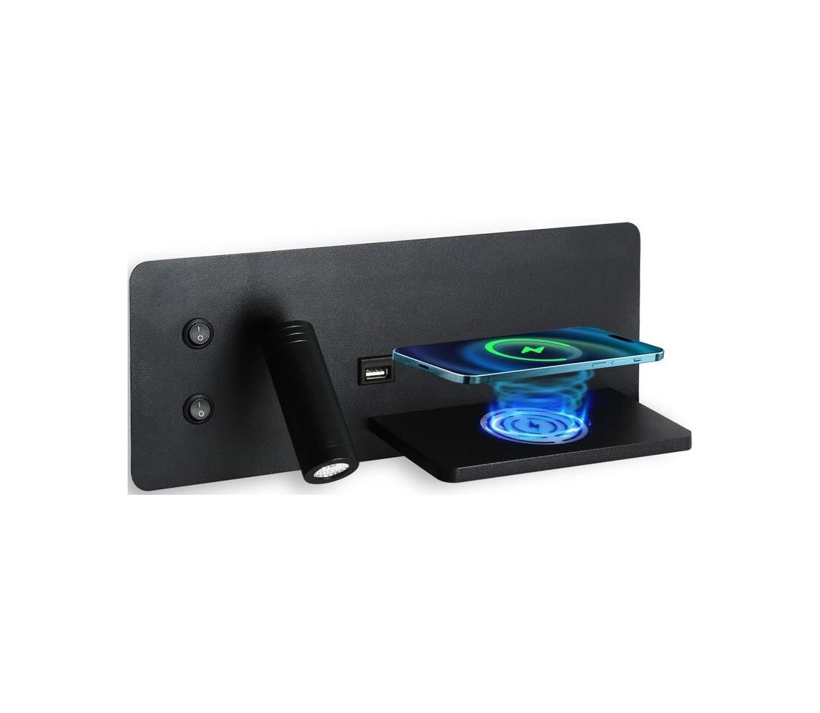 08287L-LED Nástěnné svít. s pol., USB a bezdr. nab. LED/3W/230V + LED/3W