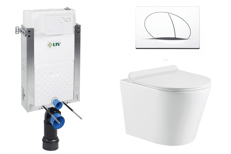 Liv-Fluidmaster Wc set Ring II Wall podmítková nádrž do zdiva, rimless mísa, sedátko a bílé tlačítko 195853 - SET(669931,  OLKLT053ER  , 195853)