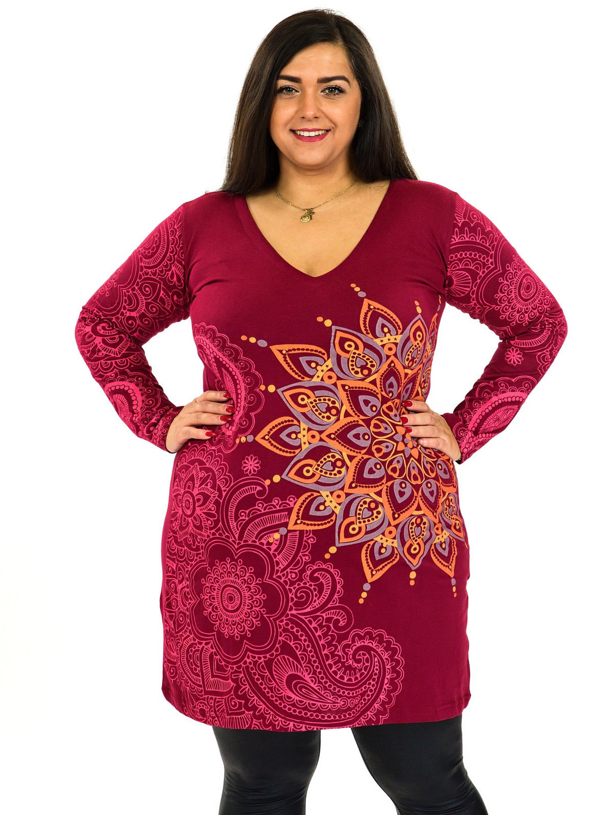 Himalife Šaty s dlouhým rukávem Angama  - vínová Velikost: XXL