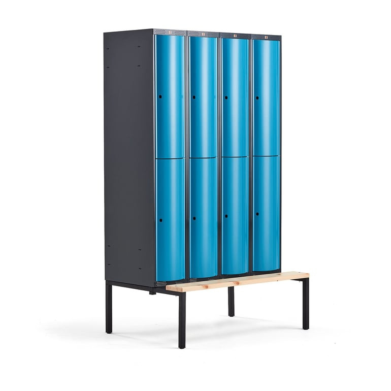 Boxová šatní skříň CURVE, 4 sekce, 8 boxů, 2120x1200x550 mm, lavice, modré dveře