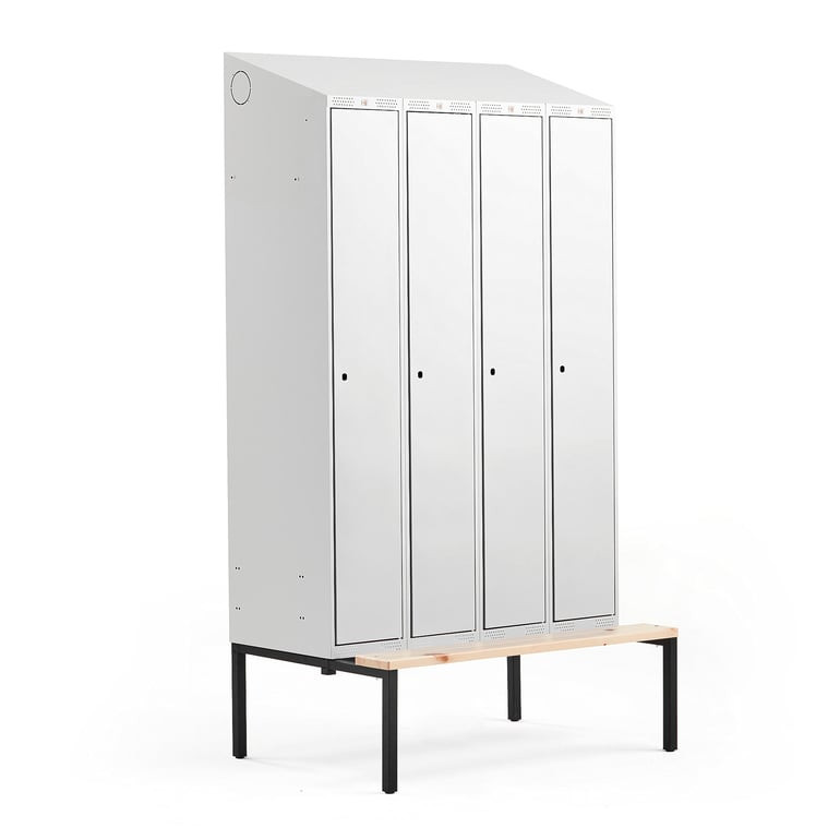 Šatní skříňka CLASSIC, šikmá střecha, s lavicí, 4 sekce, 2290x1200x550 mm, šedé dveře