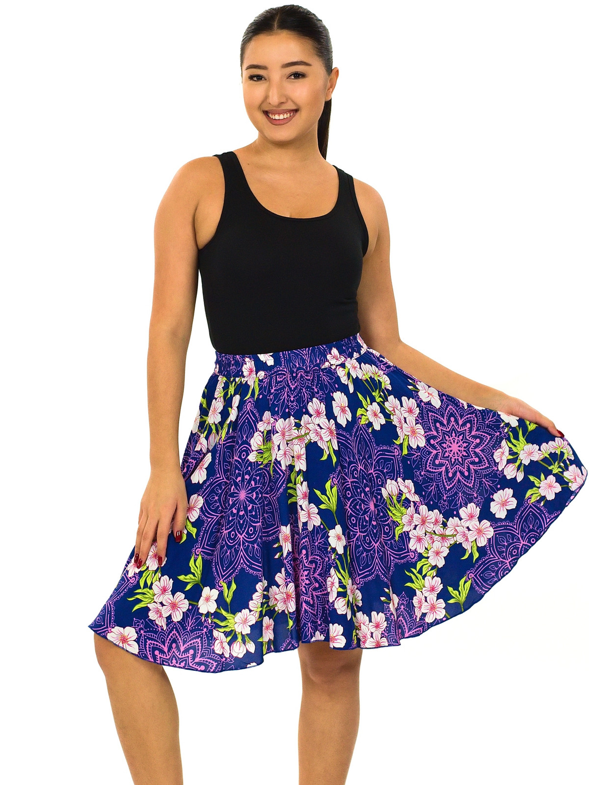 Himalife Kolová sukně Sakura - modrá s růžovou Velikost: XXL/3XL