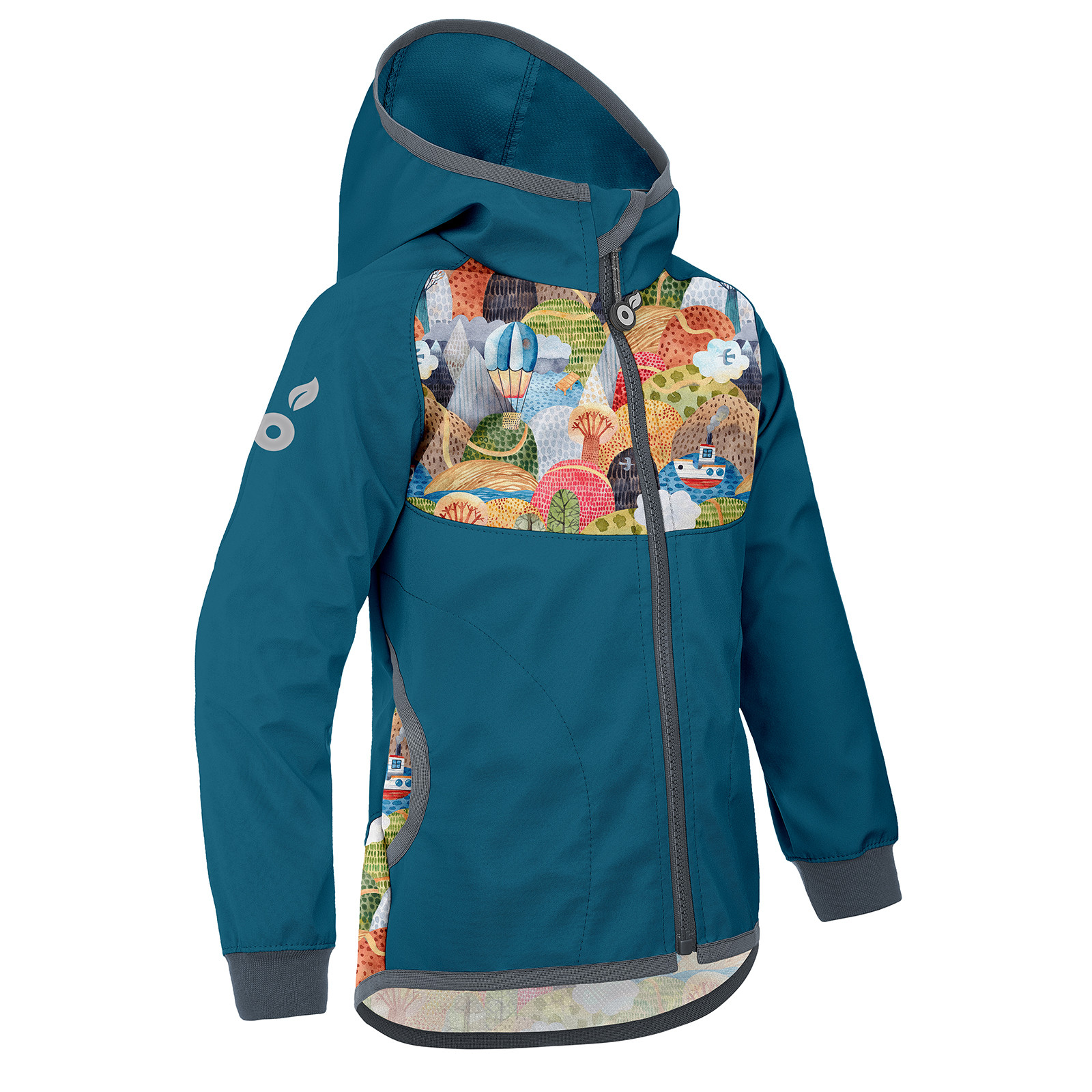 Unuo Unuo, Dětská softshellová bunda bez zateplení Basic, Tm. Petrolejová, Veselé kopečky Velikost: 92/98 8596227097128