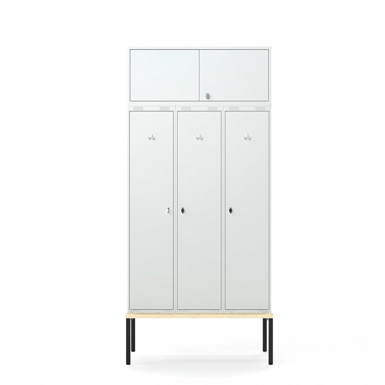 Šatní skříňka FORCE, 3 sekce, horní skříňka, lavice, 2620x1200x550 mm, šedá