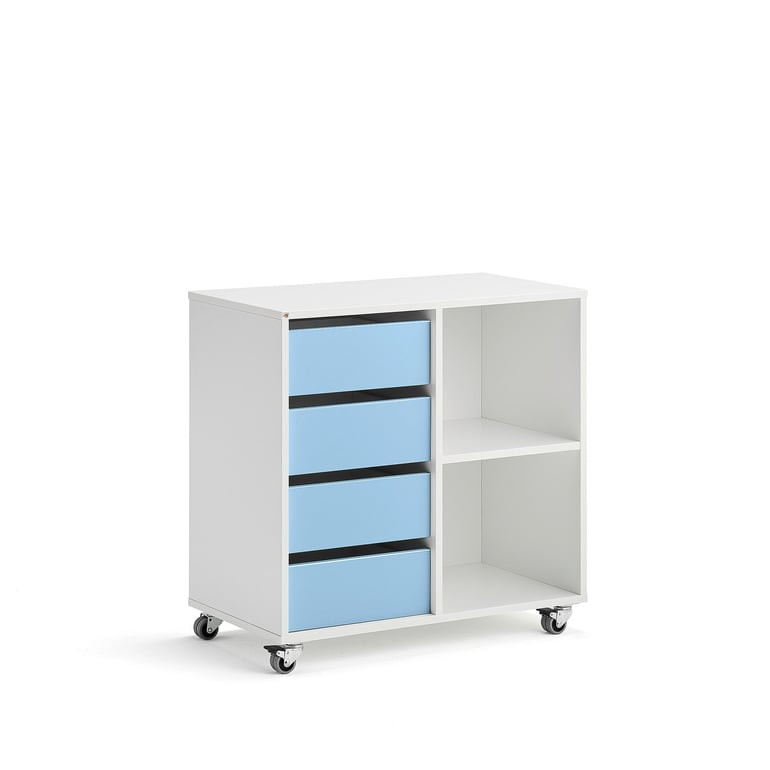 Skříňka CASPER, 4 zásuvky, 2 přihrádky, bílá, blankytně modrá