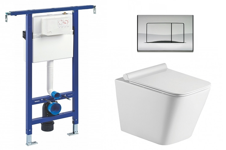 Liv-Fluidmaster Wc set Square Core podmítková nádrž do bytového jádra, rimless mísa, sedátko a tlačítko lesklý chrom 195870 - SET(222021, OLKLT052E, 195870)