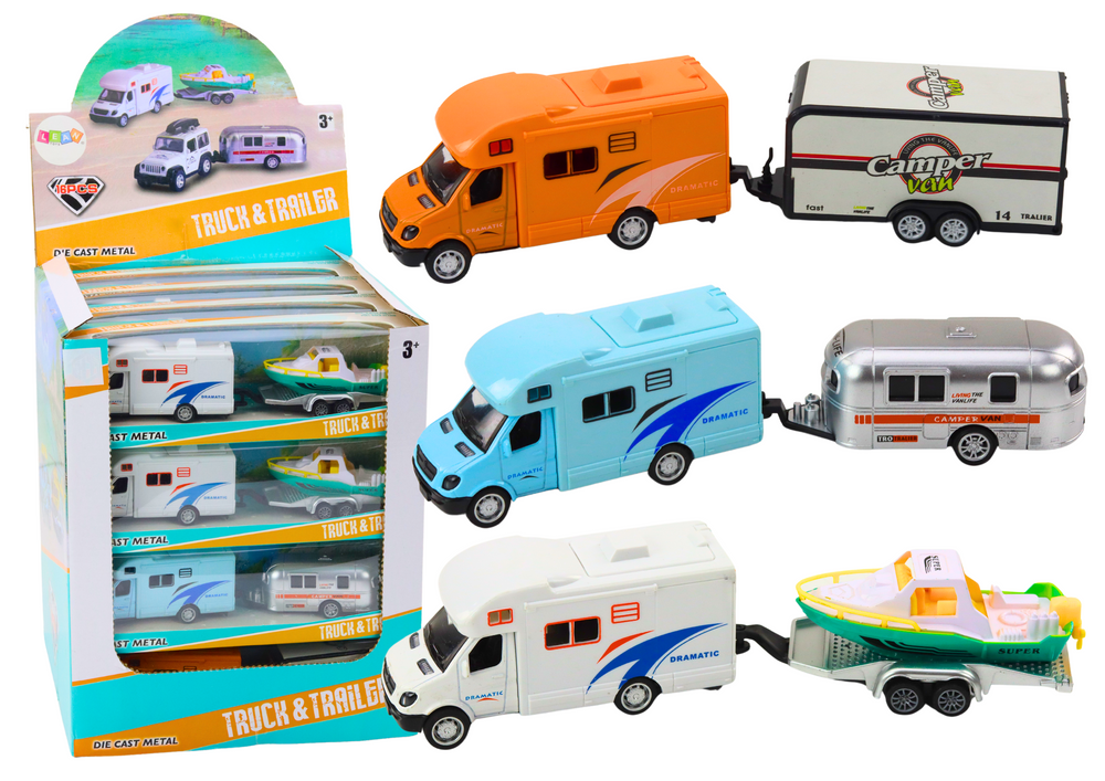 mamido Terénní kovové autíčko s lodí nebo obytným přívěsem