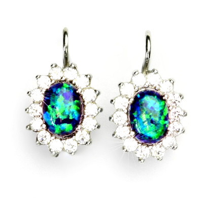 Stříbrné náušnice, zelený syntetický opál, čiré zirkony, Kate, NK 1507