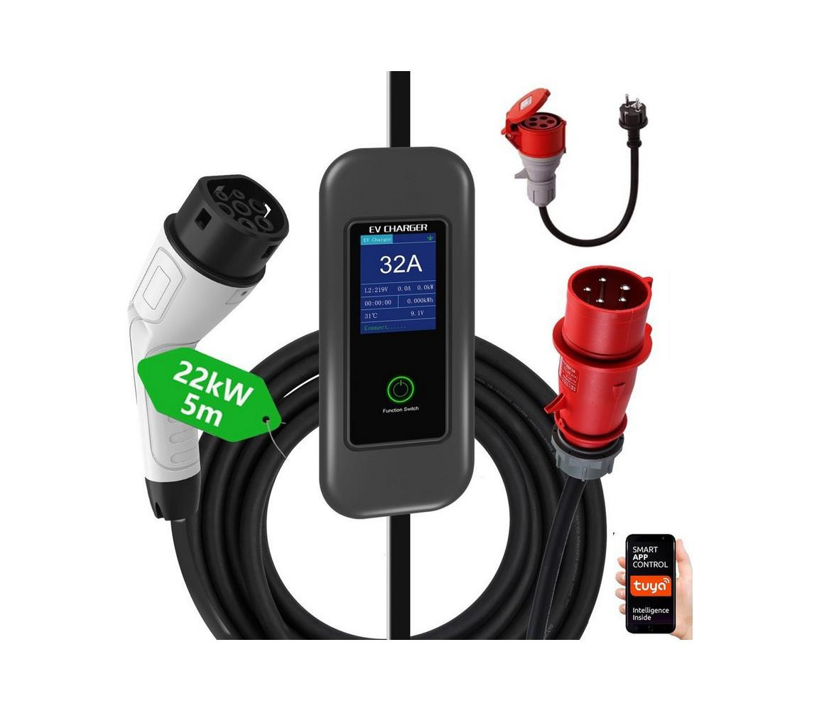 NSE003 22kW 3fázová max. 32A výstup IEC 62196 Typ 2 adaptér CEE na Schuko 1 fáze 5m