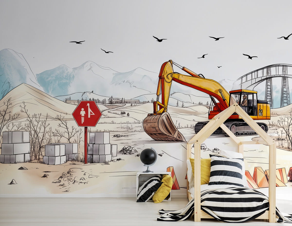 Tapeta na zeď žlutý bagr 02