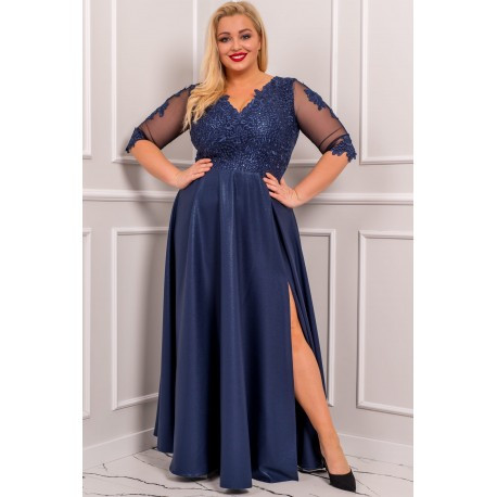 Tmavě modré společenské šaty dlouhé 3/4 rukáv CARMEN Brokát, Velikost 44, Barva Tmavě modrá BOSCA FASHION 0030024