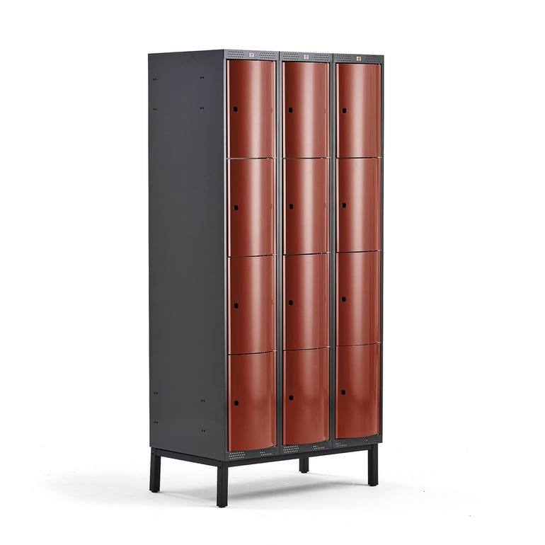 Boxová šatní skříň CURVE, 3 sekce, 12 boxů, 1940x900x550 mm, nohy, červené dveře
