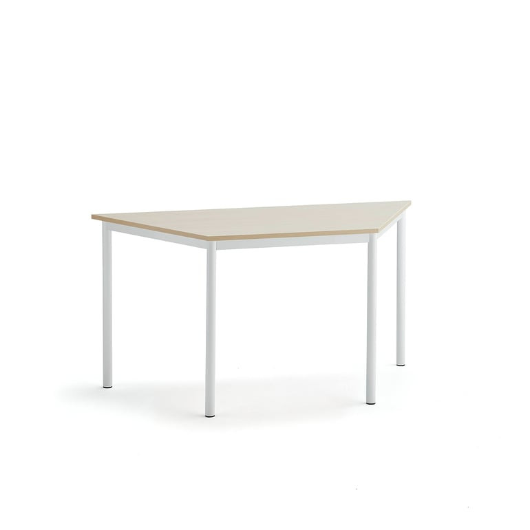 Stůl SONITUS TRAPETS, 1400x700x720 mm, bílé nohy, HPL deska tlumící hluk, bříza