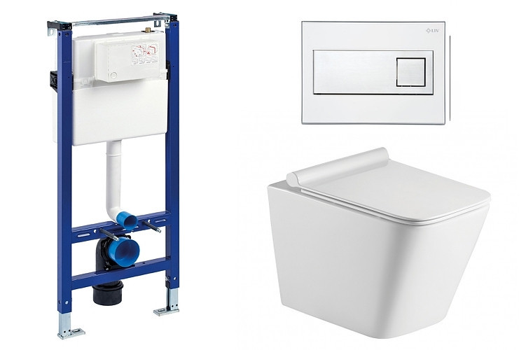 Liv-Fluidmaster Wc set Square Gips podmítková nádrž do sádrokartonu, mísa, sedátko a tlačítko bílá/chrom 73730 - SET(223468, 73730, OLKLT052E)