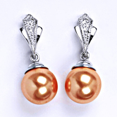 Stříbrné náušnice s lososovou umělou perlou 10 mm, NŠ 1193/10