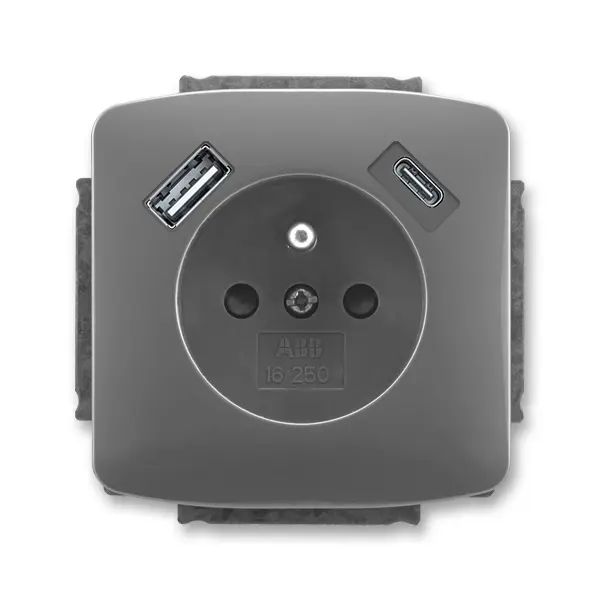 ABB 5569A-A32357 S2 Tango® Zásuvka jednonásobná s ochranným kolíkem, s clonkami, s USB napájením (USB-A,USB-C), kouřová šedá