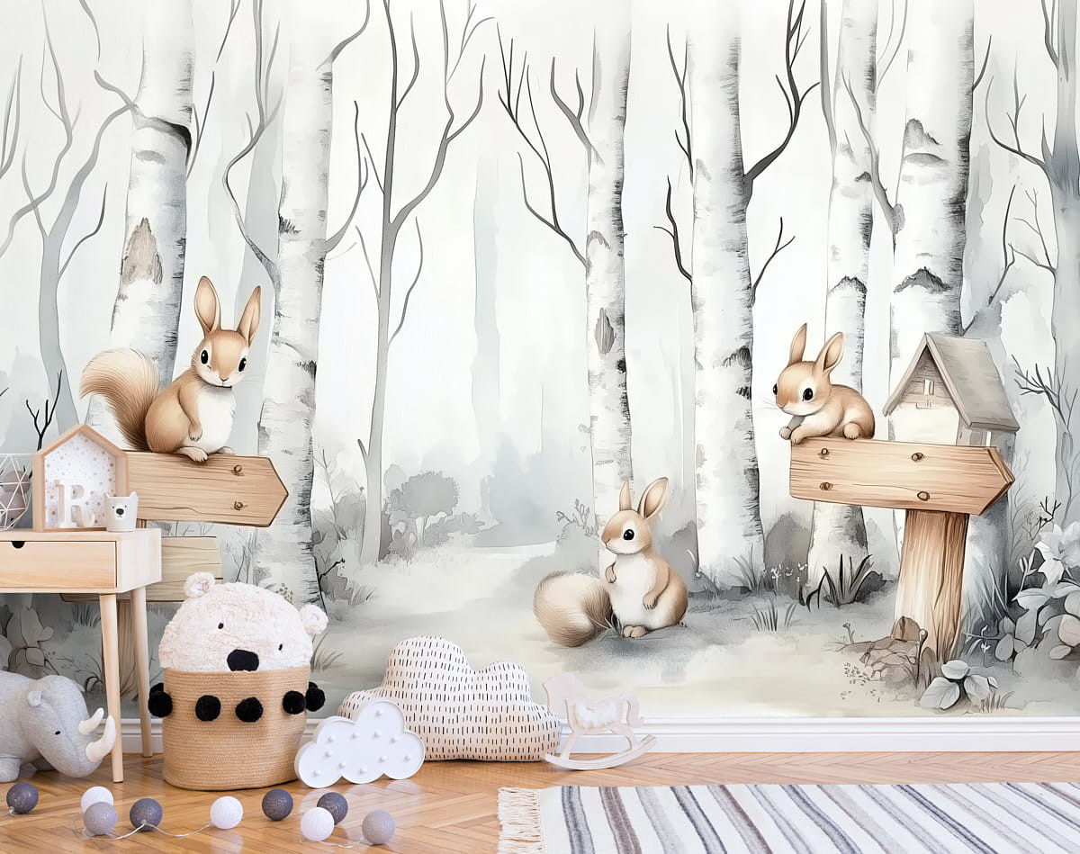 Tapeta na zeď lesní krajina 02 - veverky a břízy