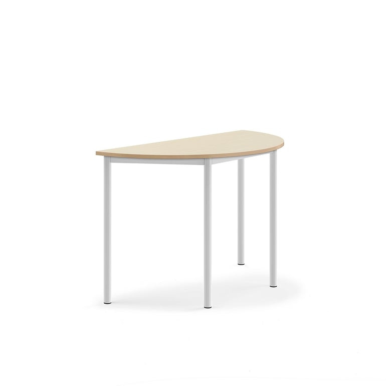 Stůl SONITUS, půlkruh, 1200x600x760 mm, bílé nohy, HPL deska tlumící hluk, bříza