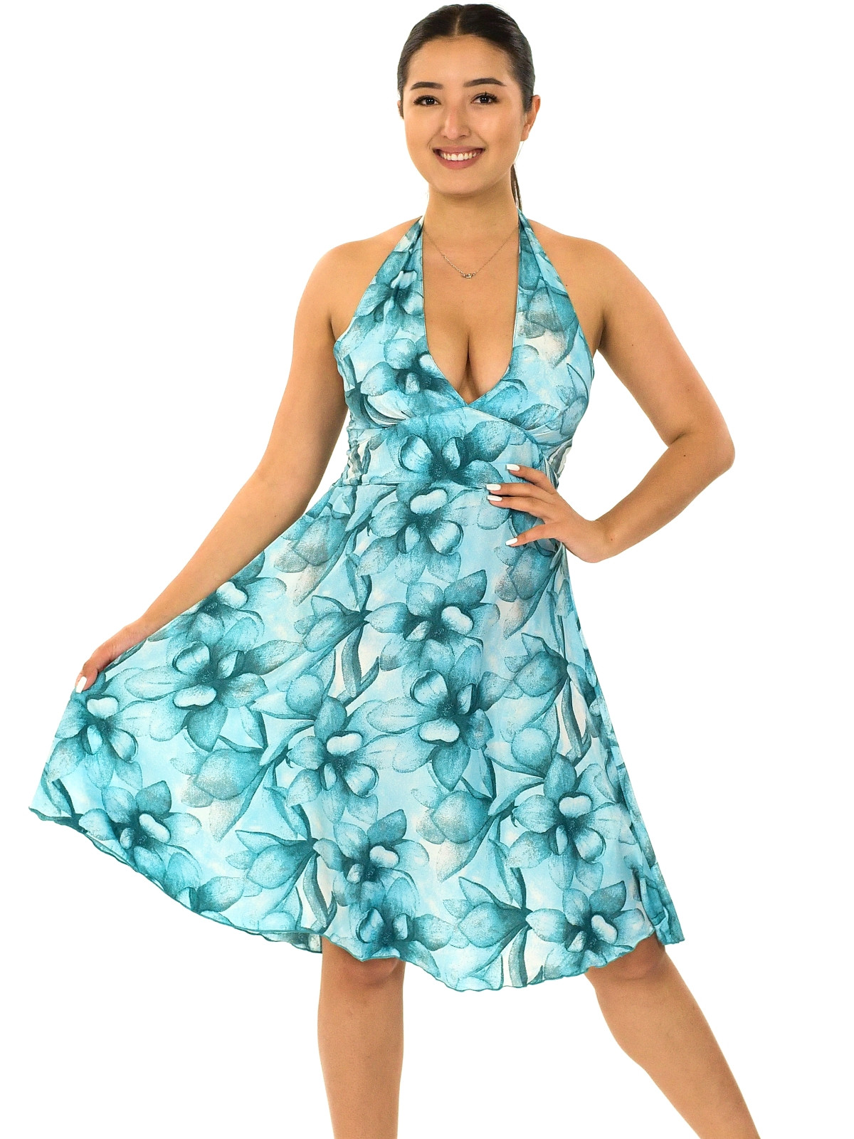 Himalife Šaty se zavazováním za krk Nala - tyrkysová s bílou Velikost: XXL/3XL