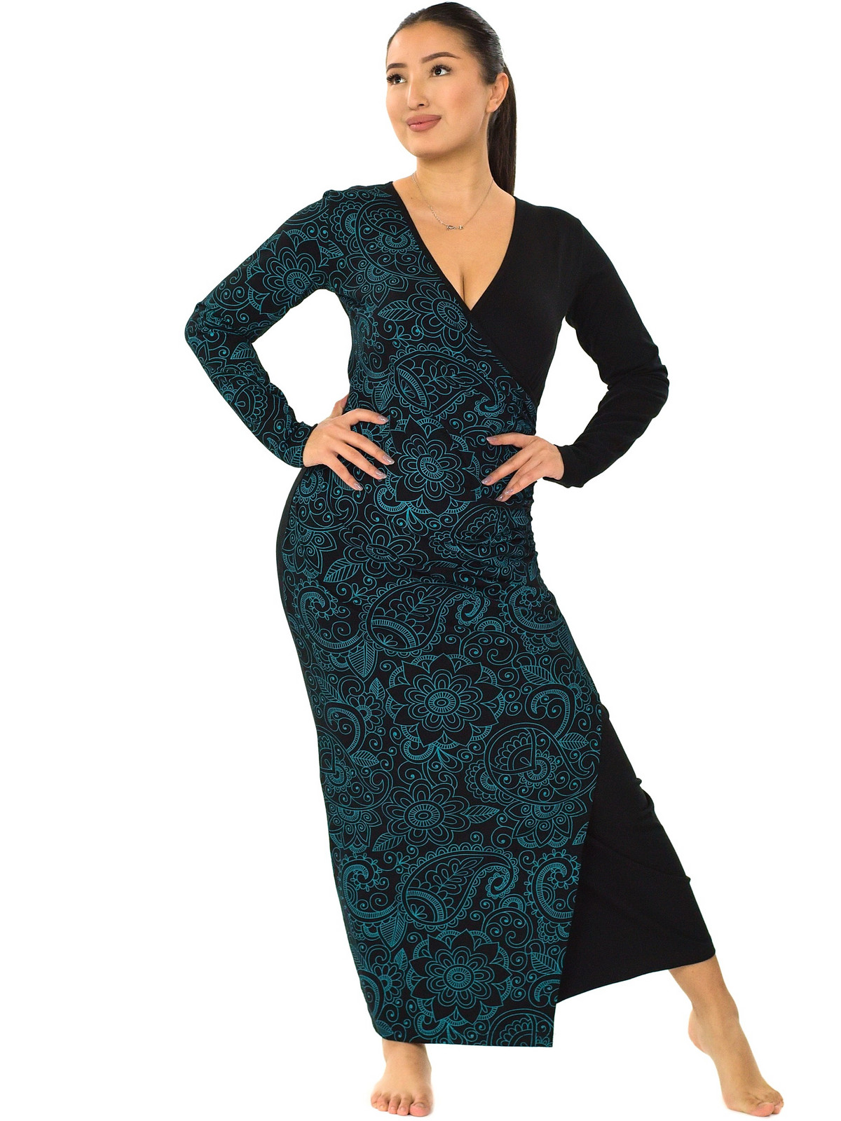 Himalife Dlouhé asymetrické šaty Kalimera - černá s tyrkysovou Velikost: L