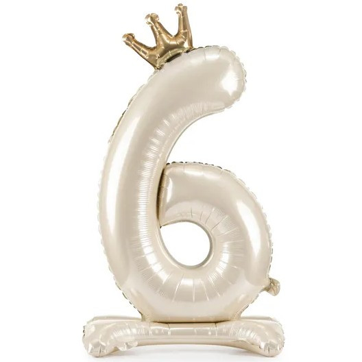 Balónek fóliový Stojací číslo 6 s korunkou světle krémový 84 cm