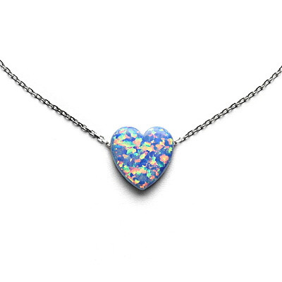 Náhrdelník - srdce, světle modrý syntetický opál, stříbrný řetízek anker