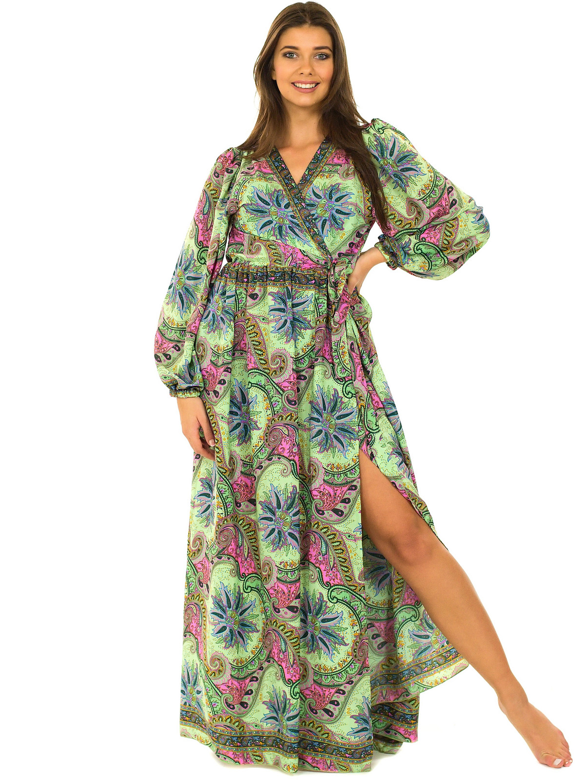Himalife Zavinovací šaty s dlouhým rukávem Paisley - limetková s růžovou Velikost: S/M