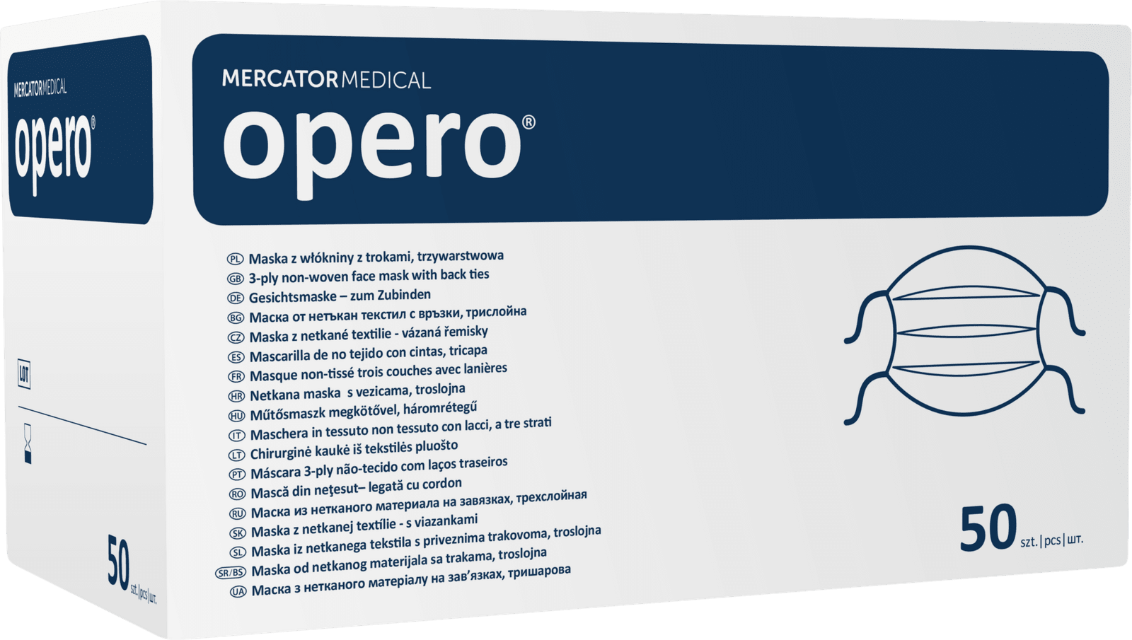 Mercator OPERO chirurgická třívrstvá ústenka z netkané textilie se šňůrkami, bílá, 50 ks
