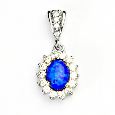 Stříbrný přívěsek, tmavě modrý syntetický opál, čiré zirkony, Kate, P 1507