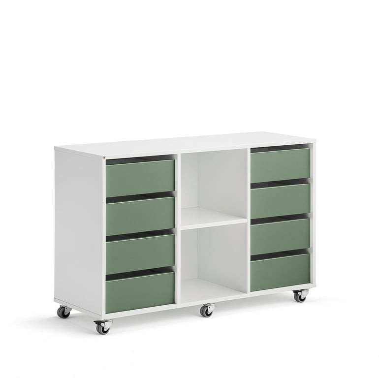 Skříňka CASPER, 8 zásuvek, 2 přihrádky, bílá, tmavě zelená