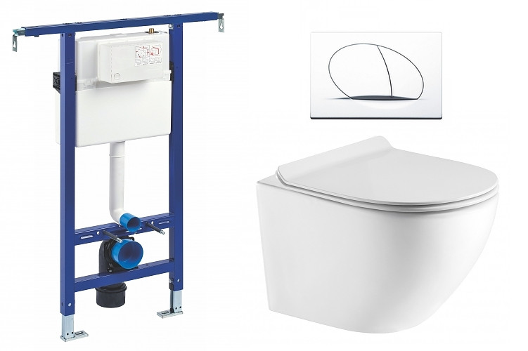 Liv-Fluidmaster Wc set Ring Core podmítková nádrž do bytového jádra, rimless mísa, sedátko a bílé tlačítko 195853 - SET(195853, 222021, OLKLT046E)