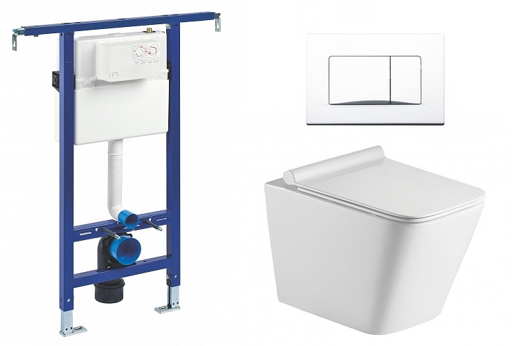 Liv-Fluidmaster Wc set Square Core podmítková nádrž do bytového jádra, rimless mísa, sedátko a bílé tlačítko 195851 - SET(195851, 222021, OLKLT052E)